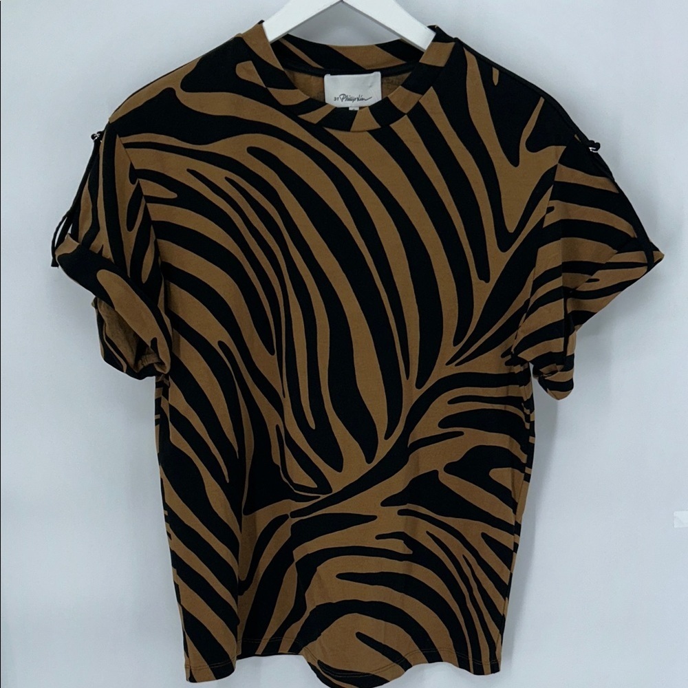 3.1 Phillip Lim Tiger StripeT-Shirt Black and Brown Small - Picture 3 of 9
